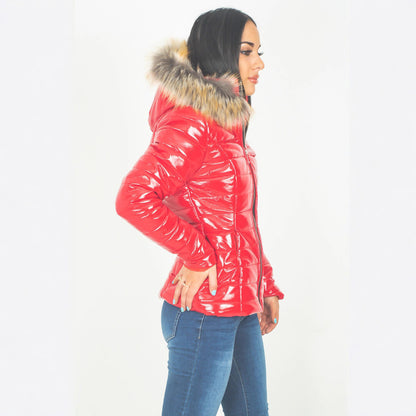 Womens Cropped Puffer Coat With A Large Fur Collar