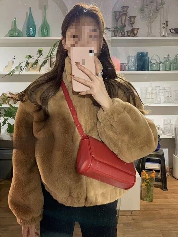 Womens Short Faux Rex Rabbit Fur Coat