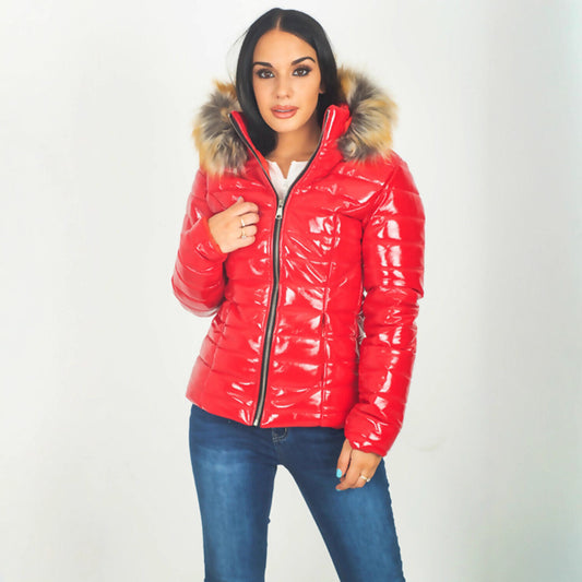 Womens Cropped Puffer Coat With A Large Fur Collar