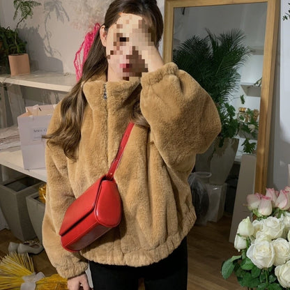 Womens Short Faux Rex Rabbit Fur Coat