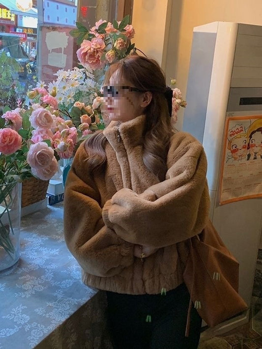 Womens Short Faux Rex Rabbit Fur Coat